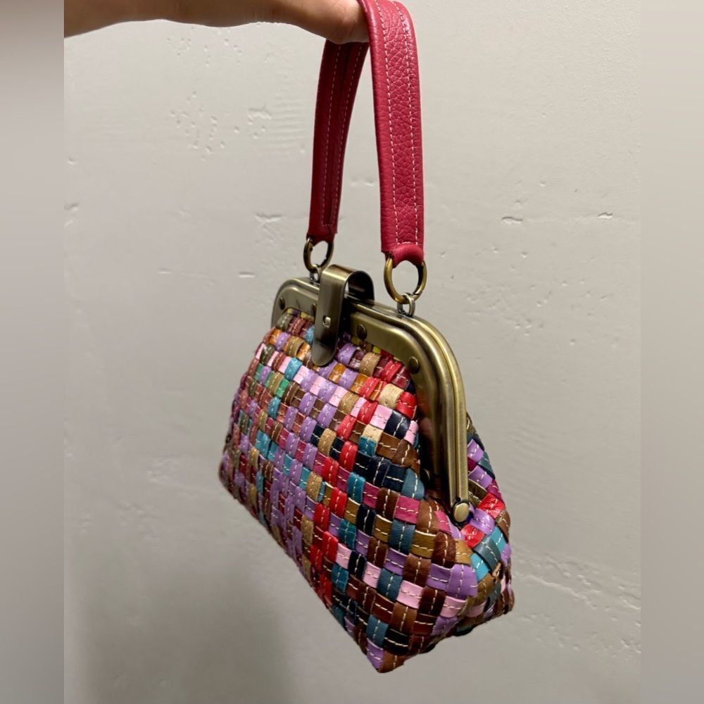 Colorful Woven Cowhide Leather Retro Metal Frame & Push Lock Handbag, Crossbody - Picture 10 of 14